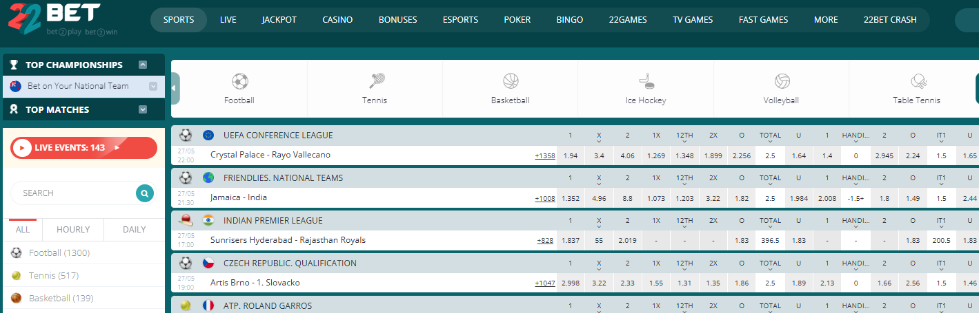 22bet sportsbook main page