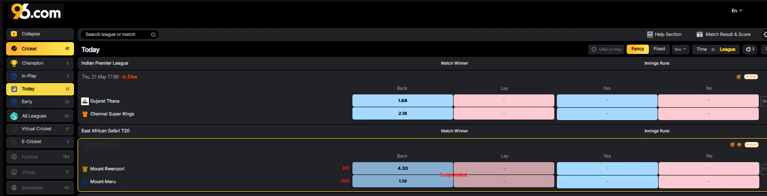 96in cricket betting