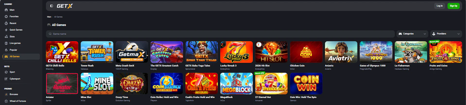 GetX main page with slots and crash games