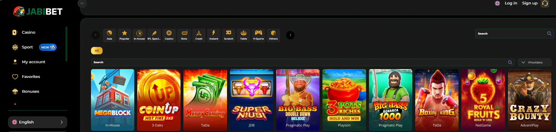Jabibet main page with popular games