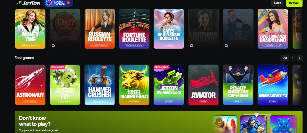Jetton main page with popular games