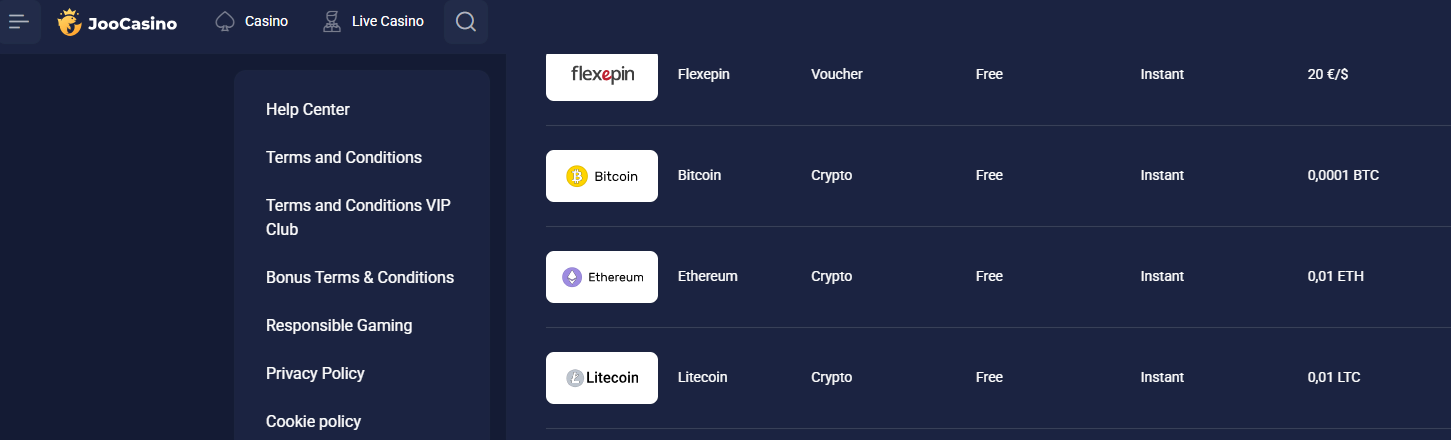 Joo casino crypto deposit methods