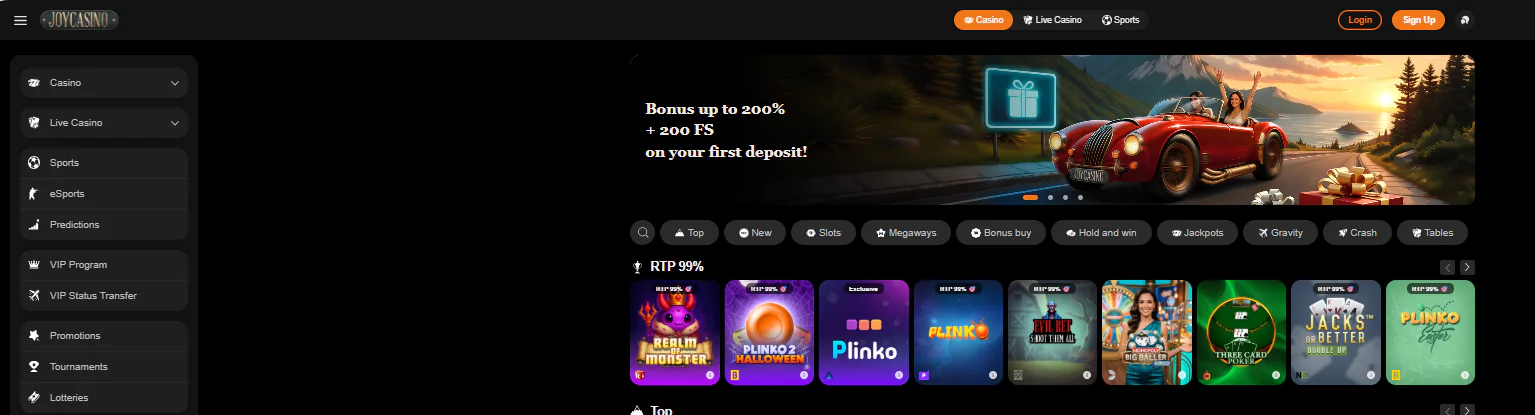 Joy casino main page