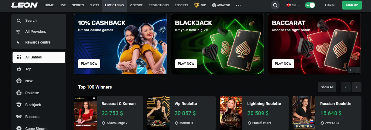 Leon main page with live casino