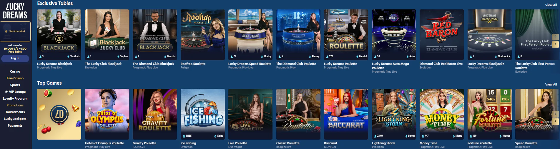 Lucky Dreams main page with slots and live dealer games