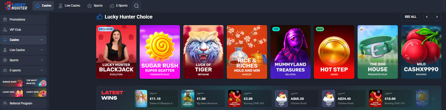 Lucky Hunter main page