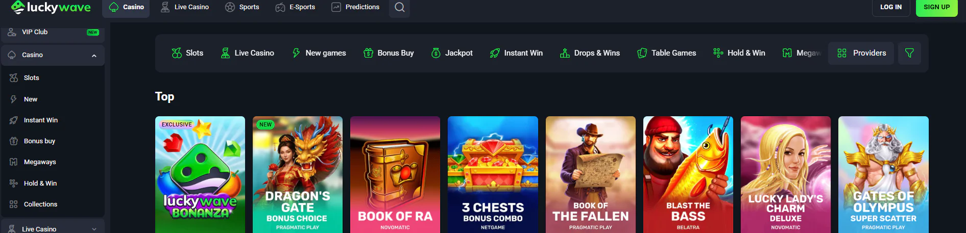 Lucky Wave main page with games