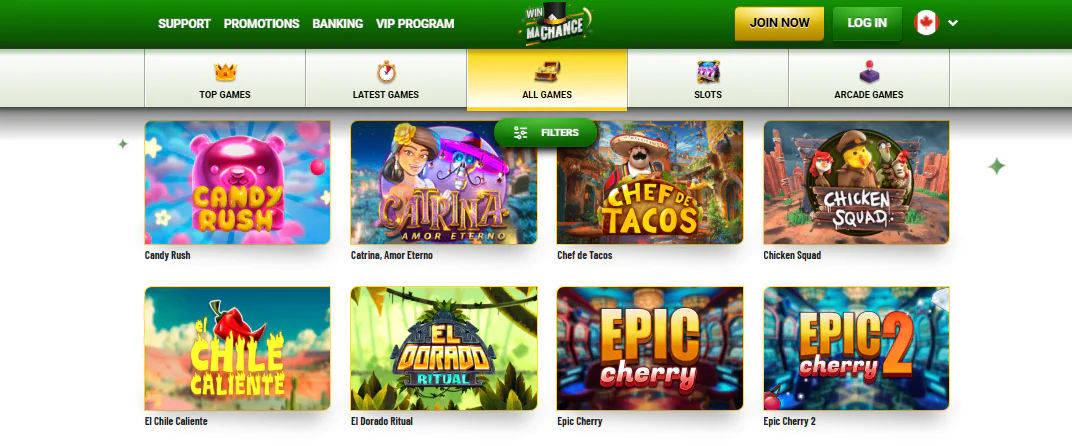 Machance main page with games