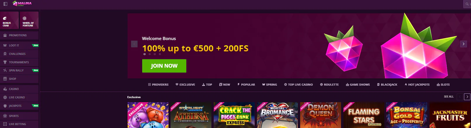 Malina casino main page with games