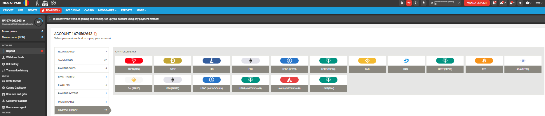 Mega Pari crypto deposit methods