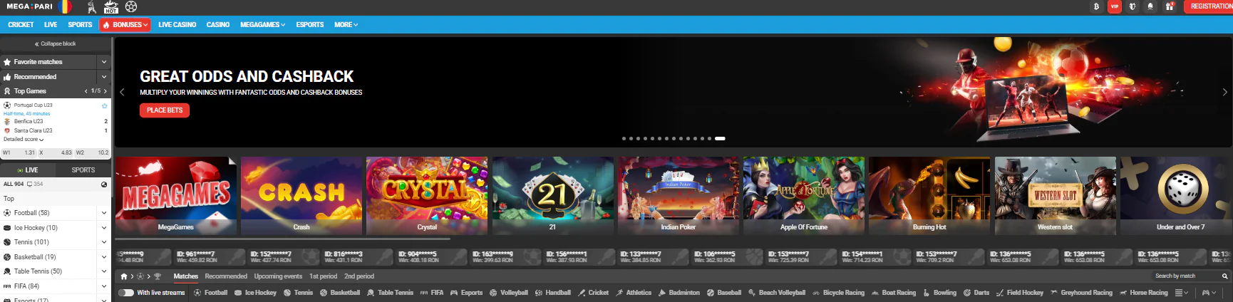 Mega Pari main page in English