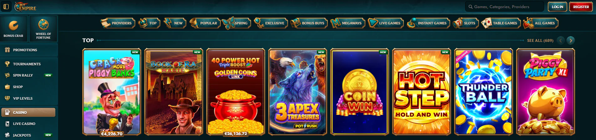 MyEmpire main page with top games