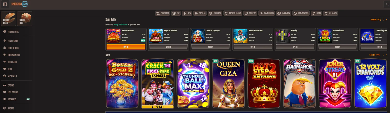 Neon54 main page with new games