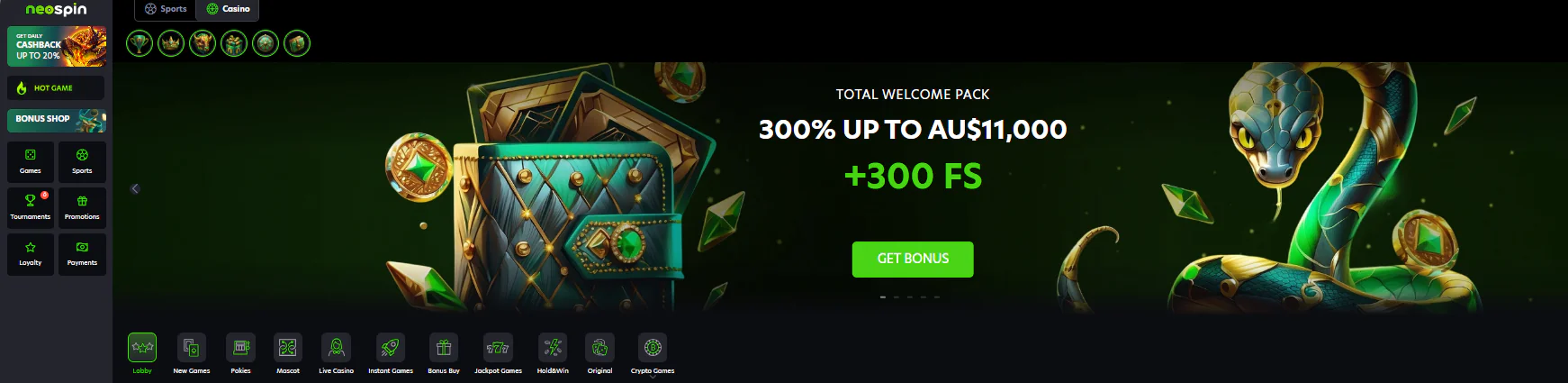 Neospin main page with bonus
