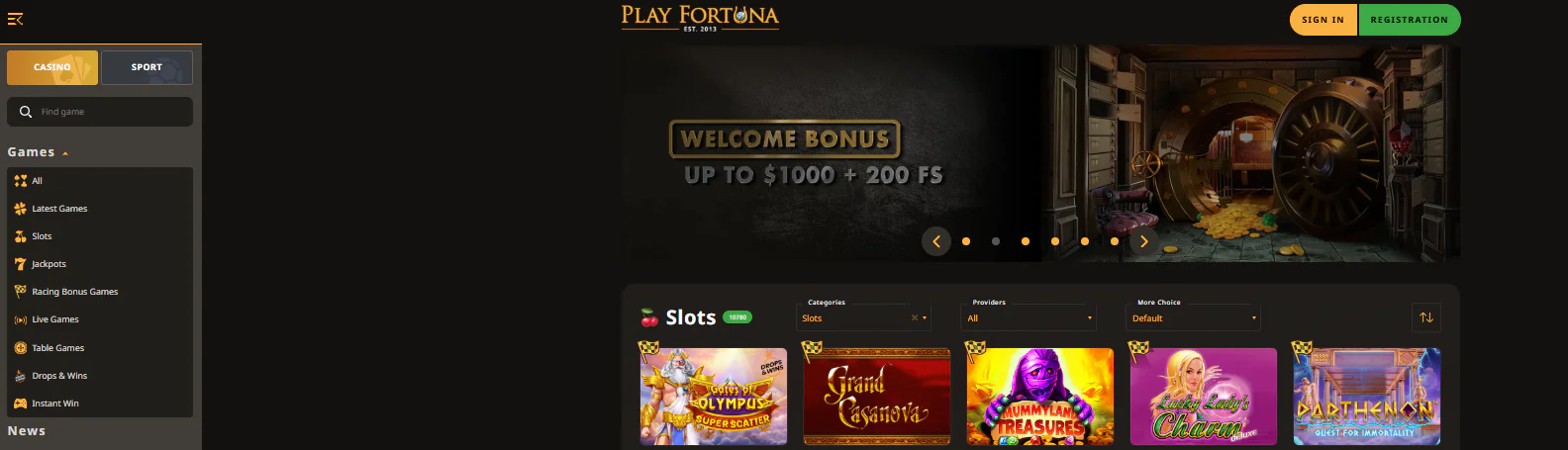 PlayFortuna main page with bonus and slots