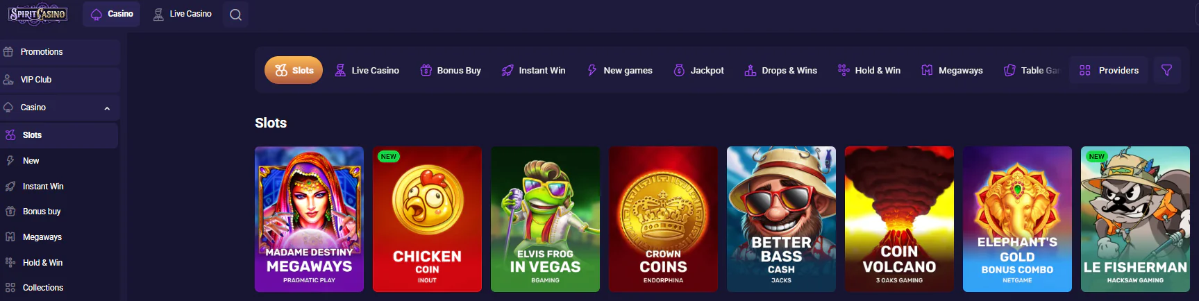 Spirit casino main page