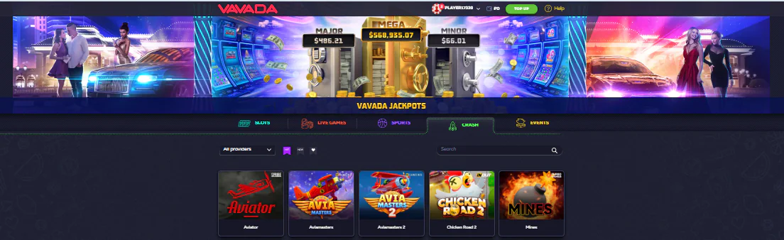 Vavada main page with crash games and Aviator